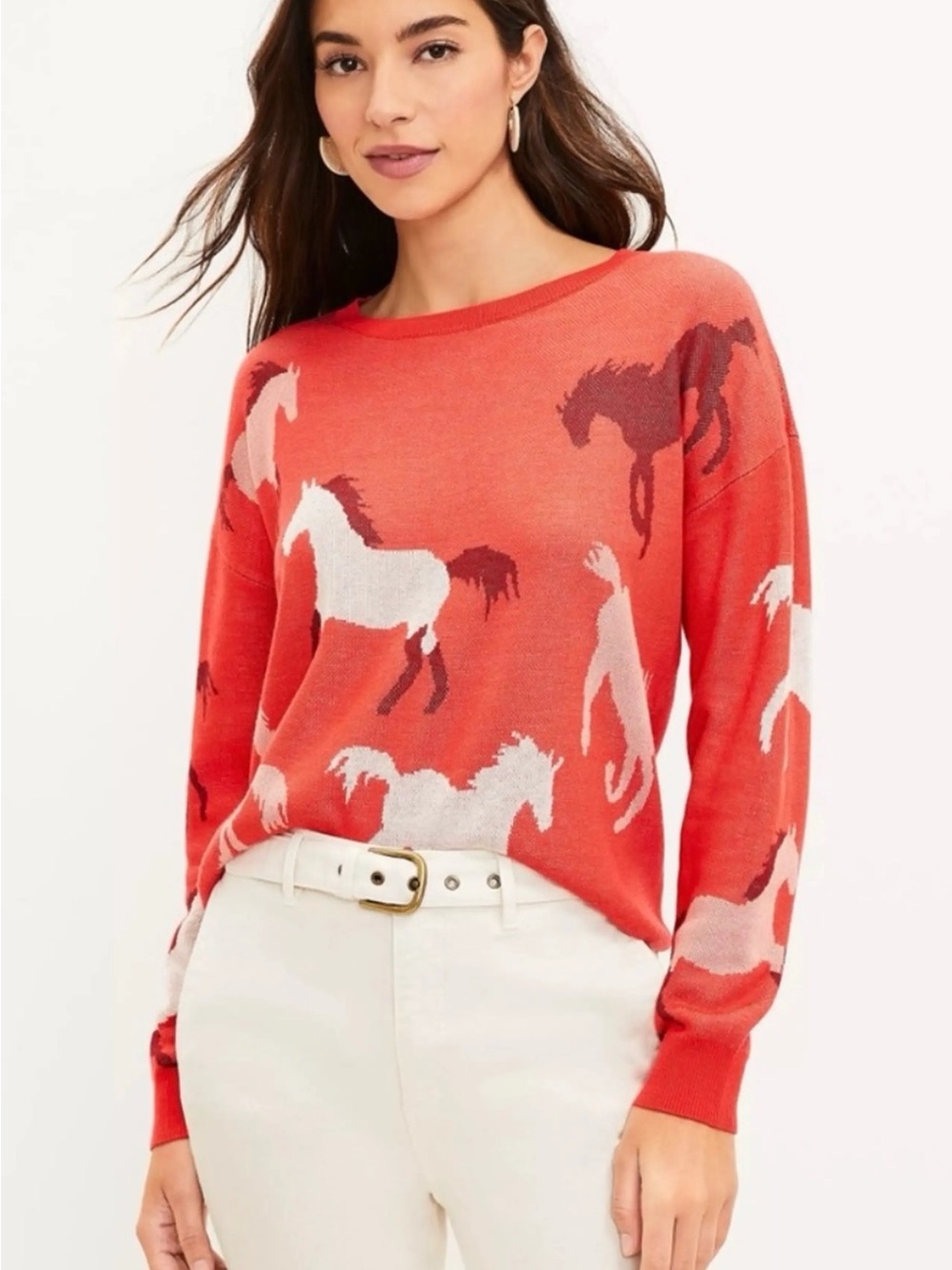 LOFT Coral Red Burgundy Horse-Print Crewneck Sweater Small